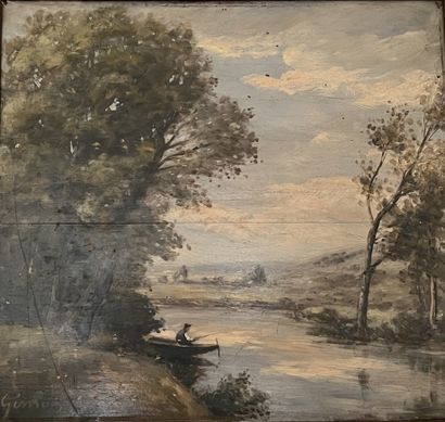 S. GIMON (XIXe siècle) : PECHEUR EN BARQUE...