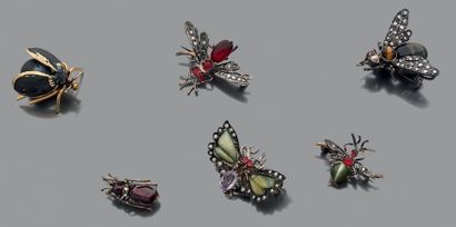 Lot de six broches insectes en argent (925/1000e)...