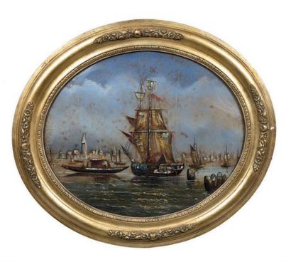 Paire de peintures en fixé sous verre rehaussé...