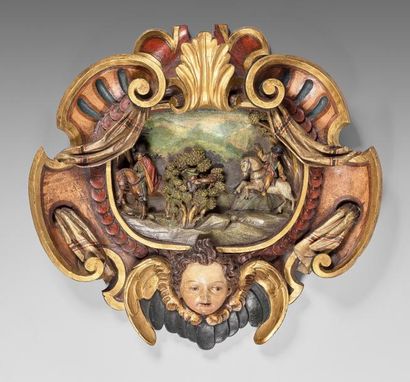 Important cartouche en bois sculpté polychrome...