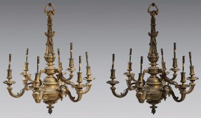 Paire de lustres en bronze doré à neuf lumières...