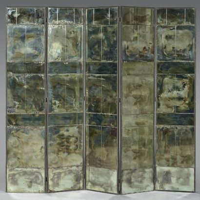 Paravent à cinq panneaux de miroirs patinés...