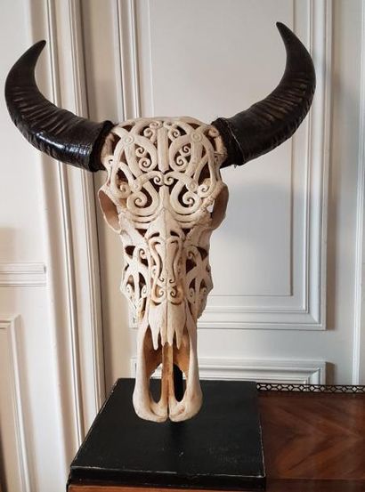 Tête de buffle sculptée à décor ajouré de...