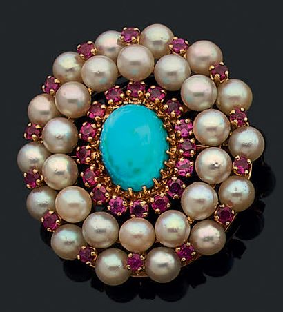 Broche ovale en or jaune 18K (750) ornée...