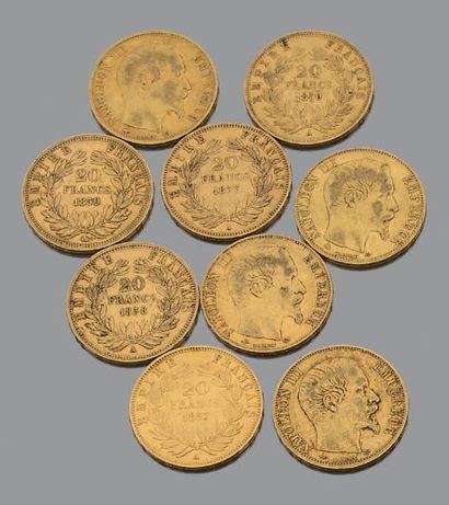 France
Neuf pièces de Vingt Francs en or...