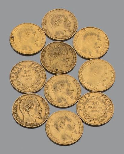 France
Dix pièces de Vingt Francs en or jaune.
Second...