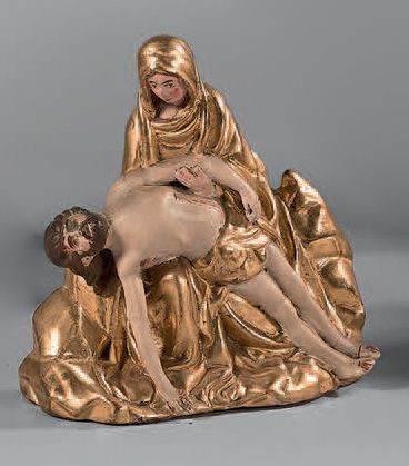 Piéta en bois sculpté, redoré, patiné et...