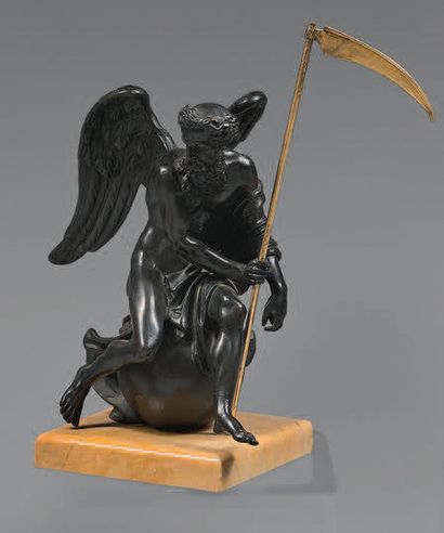Statue de Saturne en bronze patiné, assis...
