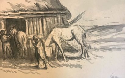 Maximilien Luce (1858-1941)
CHEVAUX A L'ECURIE.
Crayon,...