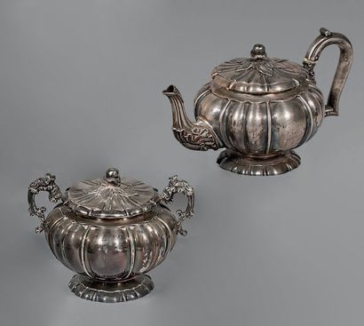 Théière et sucrier en argent (950) à côtes...