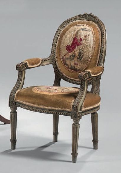 Fauteuil d'enfant en bois laqué gris rechampi...