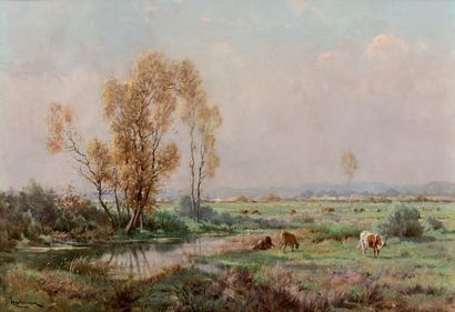F. HAMMAN
TROUPEAU DE VACHES DANS UN PAYSAGE.
Huile...