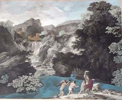 PAYSAGE D'Italie ANIME DE PECHEURS ET LAVANDIERES.

Gravure...