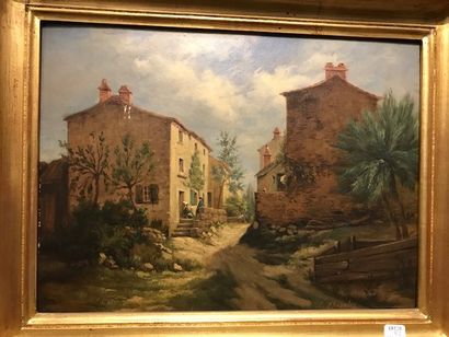 J. THORNLEY :
HAMEAU ANIME.
Huile sur carton,...
