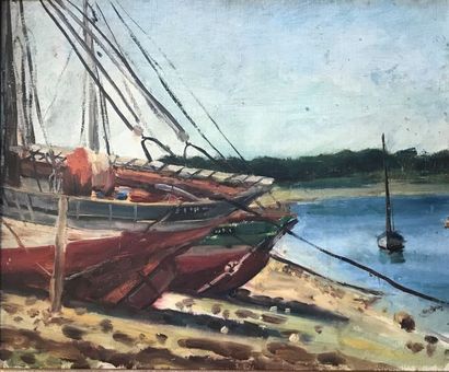 Ecole MODERNE : 

BATEAUX SUR LA RIVE. 

Huile...