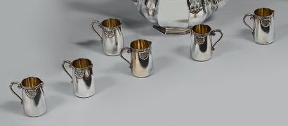 Six petits pots tronconiques en argent (950),...