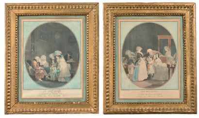 Paire de gravures en couleur, à vue ovale:
-...