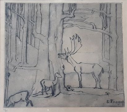 Jan TOOROP (1858-1928)
CERF BRAMANT ET BICHES.
Pointe...