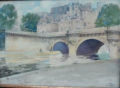 Jac d'OTEMAR (1881-1952)
LE PONT NEUF A PARIS.
Aquarelle,...