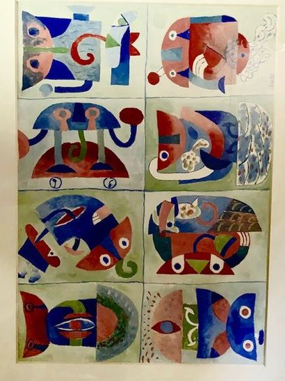 Jean CLERTE (Né en 1930)
HUIT FIGURES.
Gouache,...