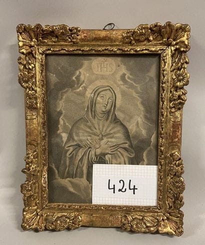 Carved and gilded wooden frame, flower and...