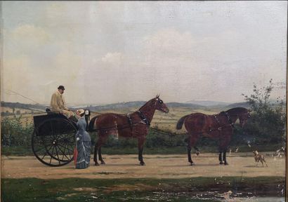 Horse-drawn carriage in the park. Oil on...