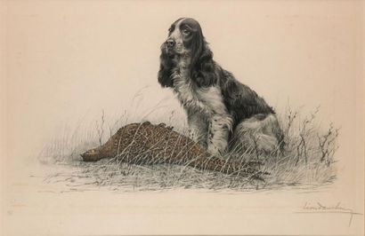 Léon DANCHIN. Cocker spaniel and pheasant...