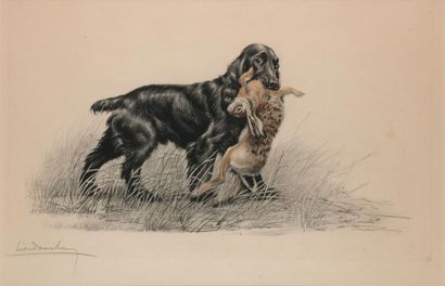 Léon DANCHIN. Black cocker spaniel and hare....
