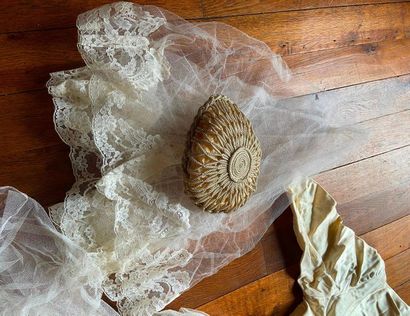 Wedding dress, braided headdress and tulle...