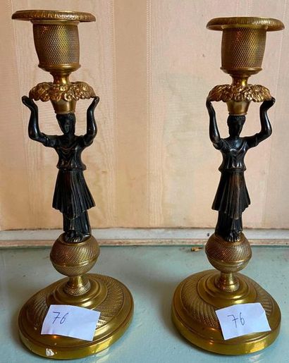 Paire de bougeoirs en bronze doré et patiné...