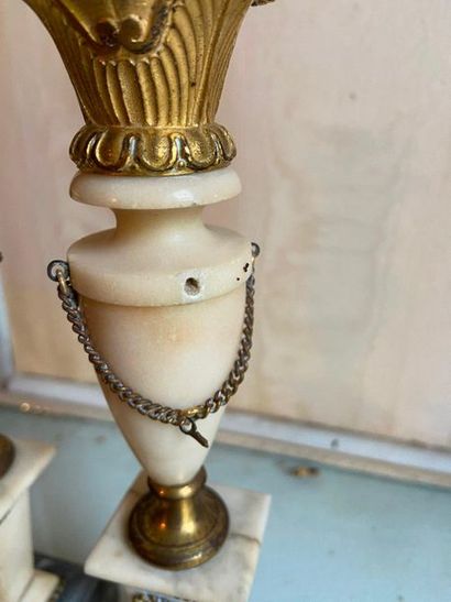 Paire de bougeoirs en bronze doré et marbre...