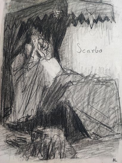 Scarbo, black stone drawing monogrammed A...