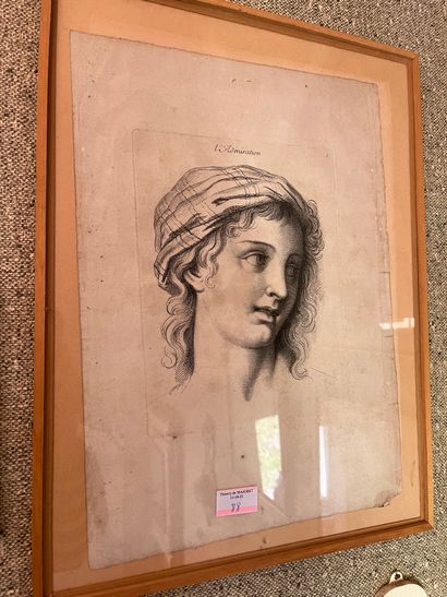 Lot de cinq encadrés représentant des visages...