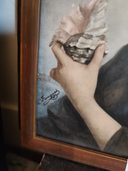 Woman with shell. Porcelain plaque signed...