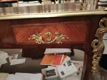 Louis XVI-style veneered flat desk with gilt...