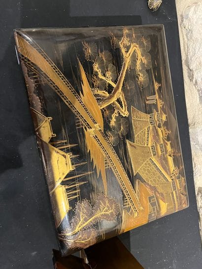 JAPAN
Lacquer box with a bridge crossing...