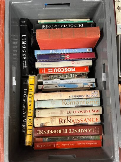 Two cases of art volumes including Romanticism,...