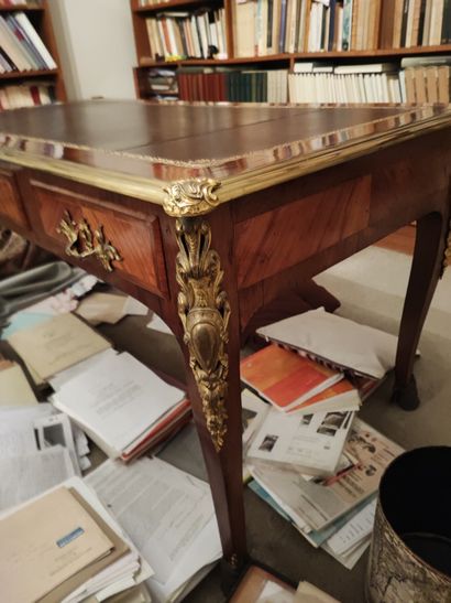 Louis XVI-style veneered flat desk with gilt...