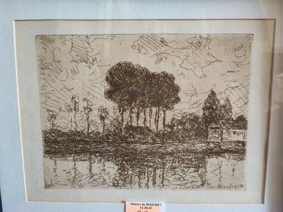 Lot de trois paysages dont une gravure de...