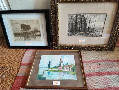 Lot de trois paysages dont une gravure de...