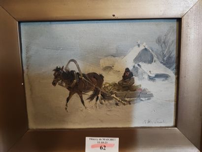Sleigh in the snow. Oil on panel signed lower...
