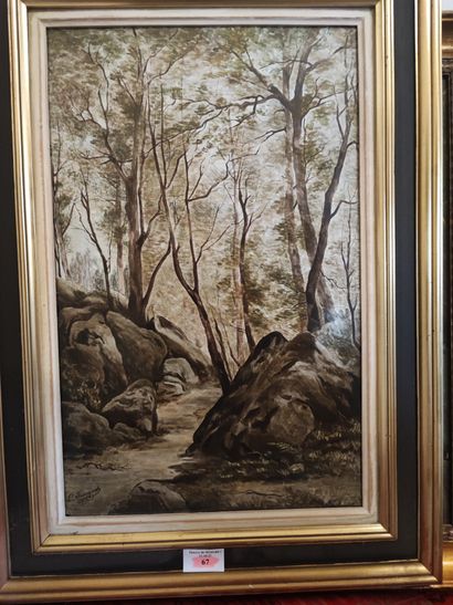Sous bois. Oil on stone signed lower left...