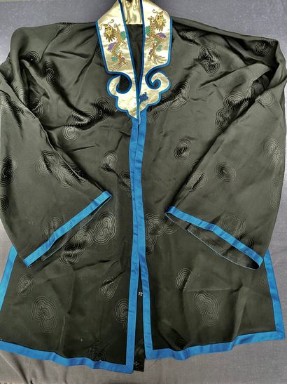 Black fabric jacket with blue piping, long...