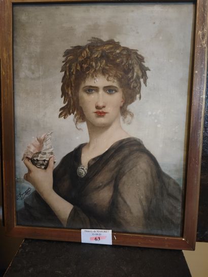 Woman with shell. Porcelain plaque signed...