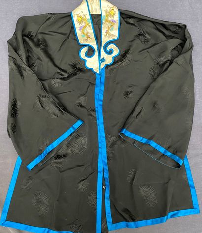 Black fabric jacket with blue piping, long...