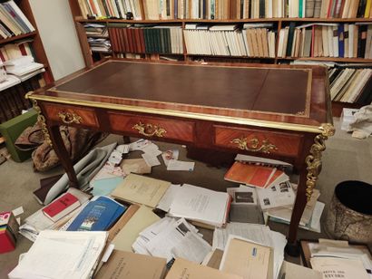 Louis XVI-style veneered flat desk with gilt...