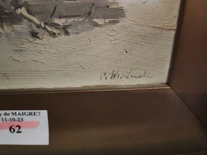 Sleigh in the snow. Oil on panel signed lower...
