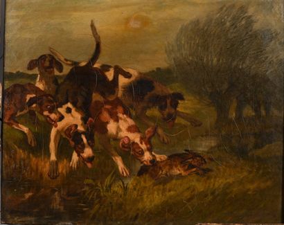 Hare hunting. Oil on canvas signed lower...