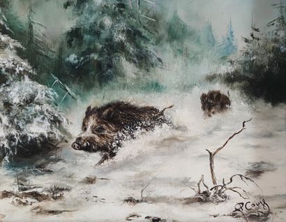 Pierre COUZY (1942). Sangliers dans la neige....