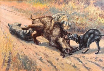 Joseph Oberthur (1872-1956) Ferme de sanglier....